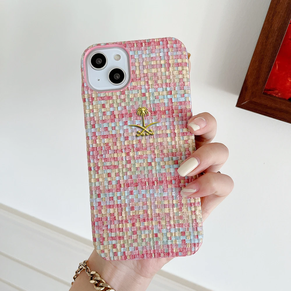 Luxury Retro woven pattern metal coconut tree Phone Cover Case For Iphone 16 15 14 13 12 11 pro max PU leather hard Coque Fundas