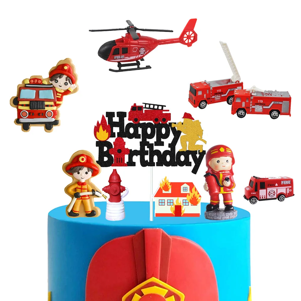 Fireman Cake Topper Fire Truck Happy Birthday Sign Cake Decor Firefighter for Adults Kids Boys Man Birthday Party Supplies