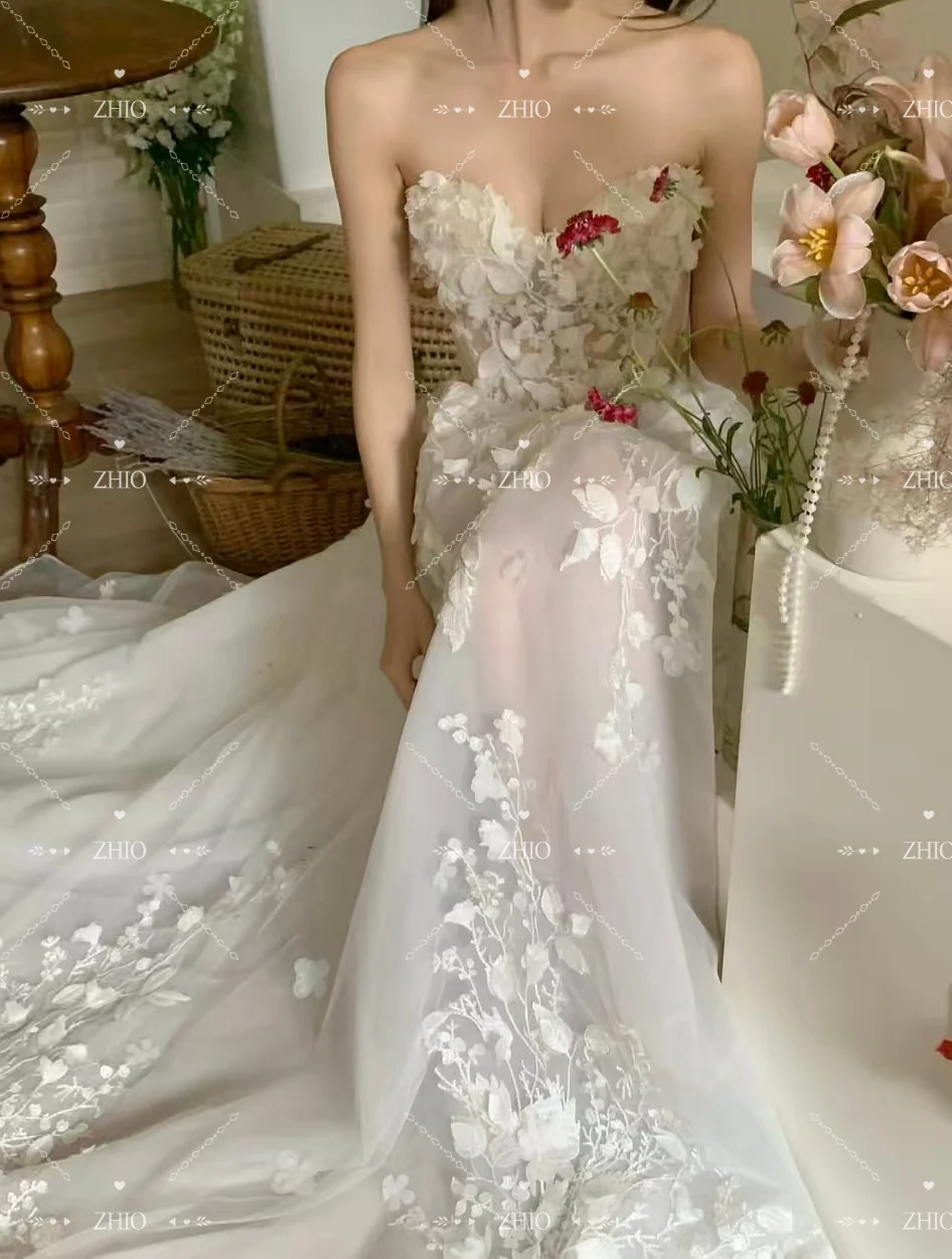 ZHIO فستان زفاف ساحر ثلاثي الأبعاد مزين بالزهور على شكل قلب سويب تراين على شكل حرف a كوريا لالتقاط الصور فستان استقبال الزفاف مخصص جديد 2026 #3