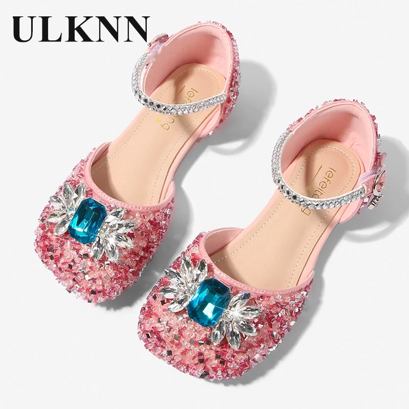 

Girls Blue Rhinestone Sandals Princess New Flat Shoes Children Treasure Crystal Baotou Soft Bottom Shoes Sandalia Infantil