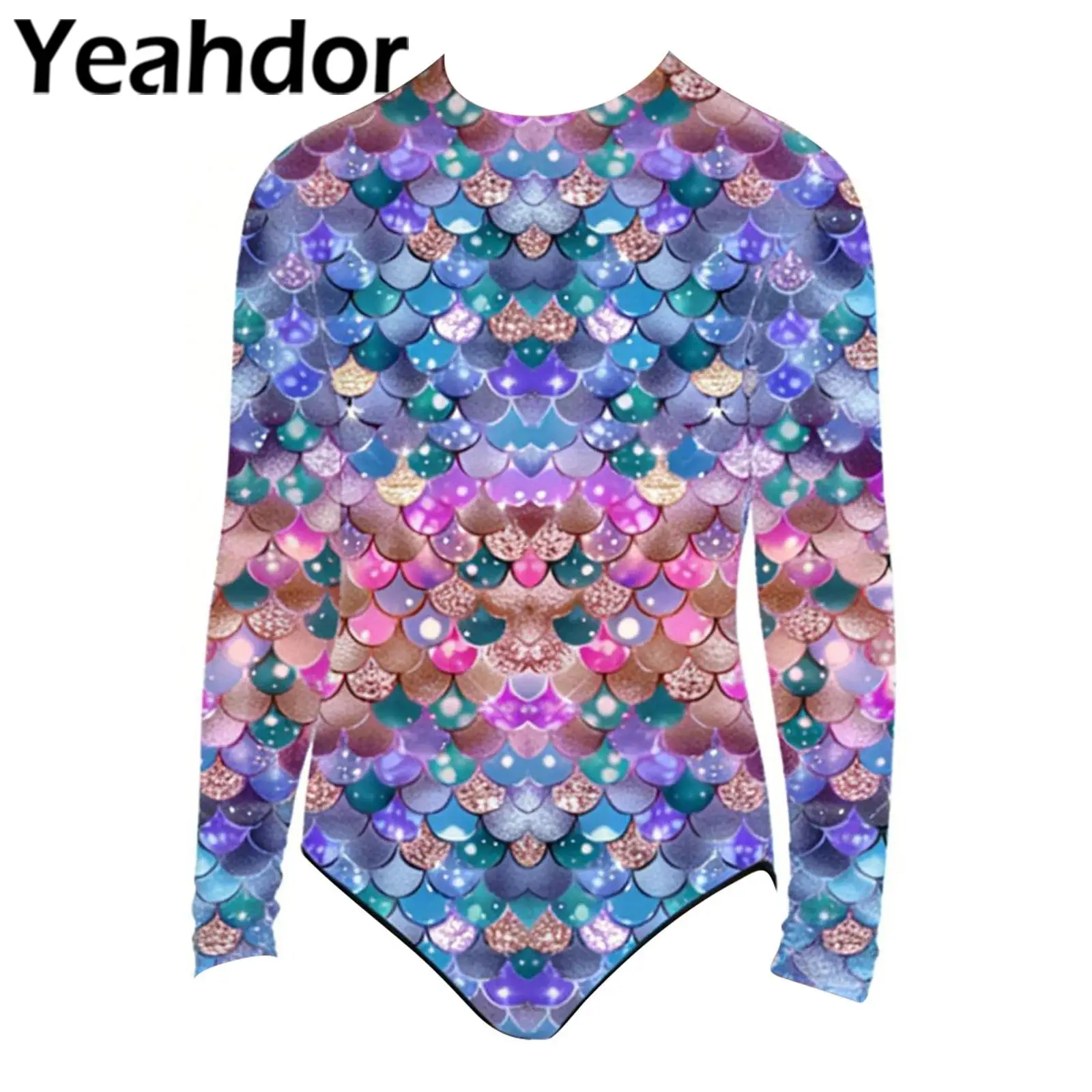 

Детский купальник-рашгард для девочек с длинным рукавом, цельный, с защитой от солнца, с рисунком русалки, UPF