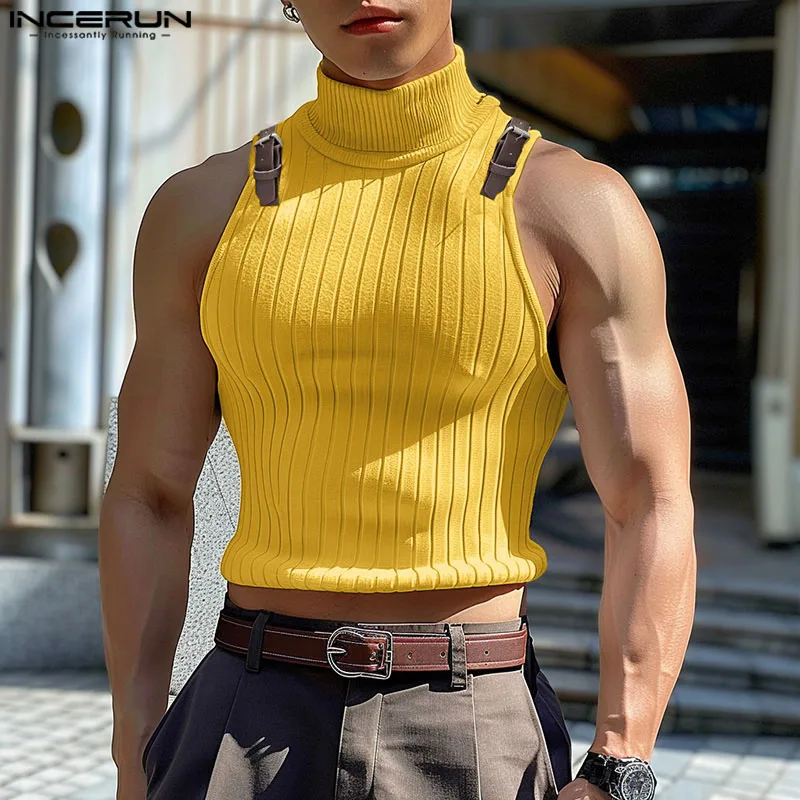 Summer Stylish Style Tops INCERUN 2024 Men High Necked Knitted Pit Strap Leather Loop Vests Male Solid Sleeveless Camiseta S-5XL