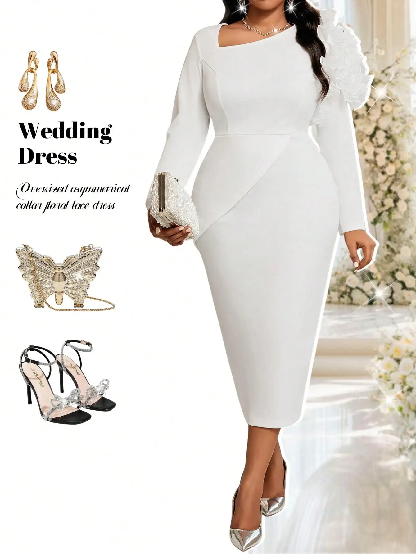 

White Asymmetrical Collar Floral Lace Trim Fitted Midi Dress