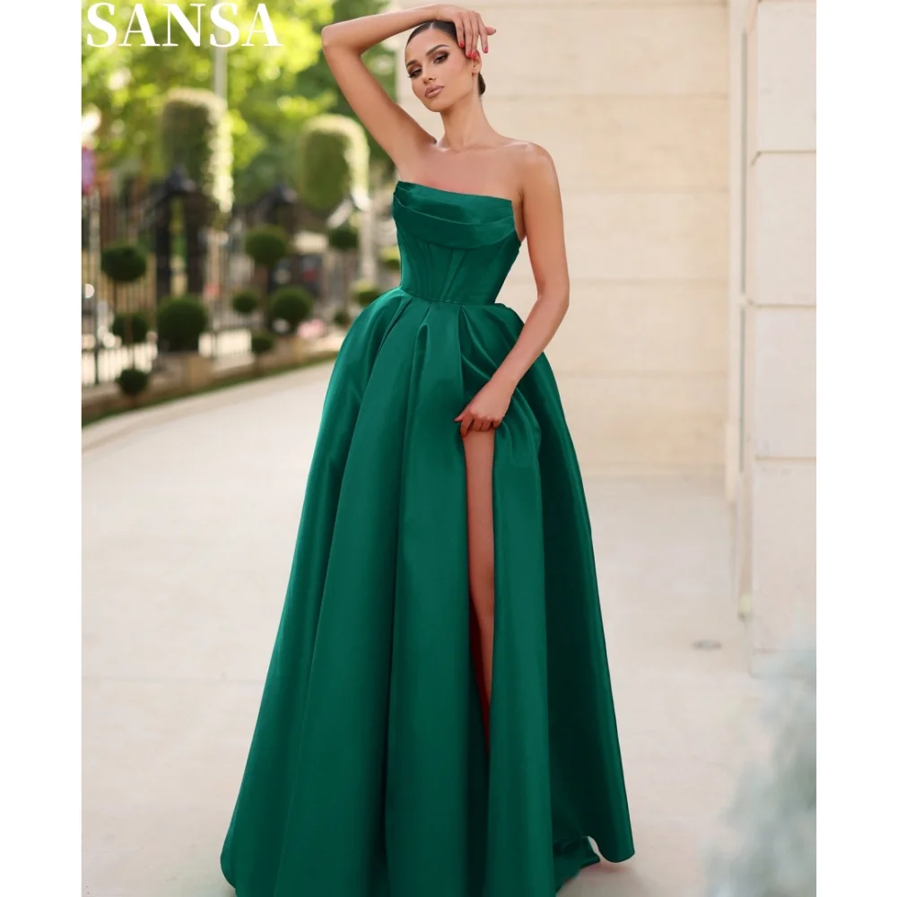 Sansa-Robe de Rhen satin simple A-ligne personnalisée, robe de mariée sans bretelles, longueur au sol, plis, fente latérale haute, robe éducative