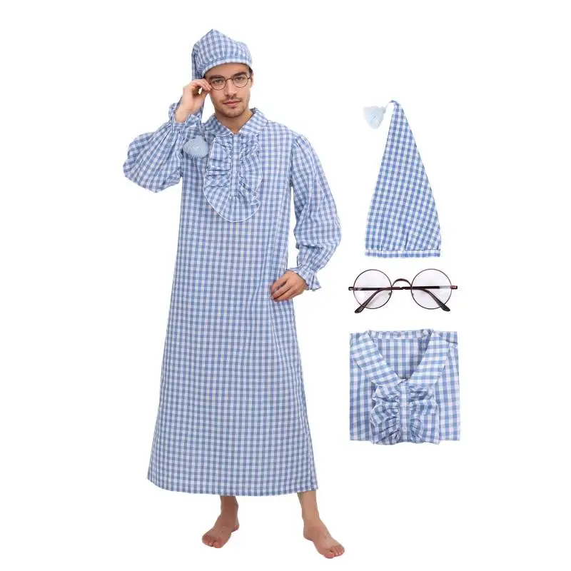 

DAZCOS 3 Pcs/set Men's Funny Pajama Set Victorian Renaissance Nightgown with Night Cap Glasses Halloween Cosplay Costumes