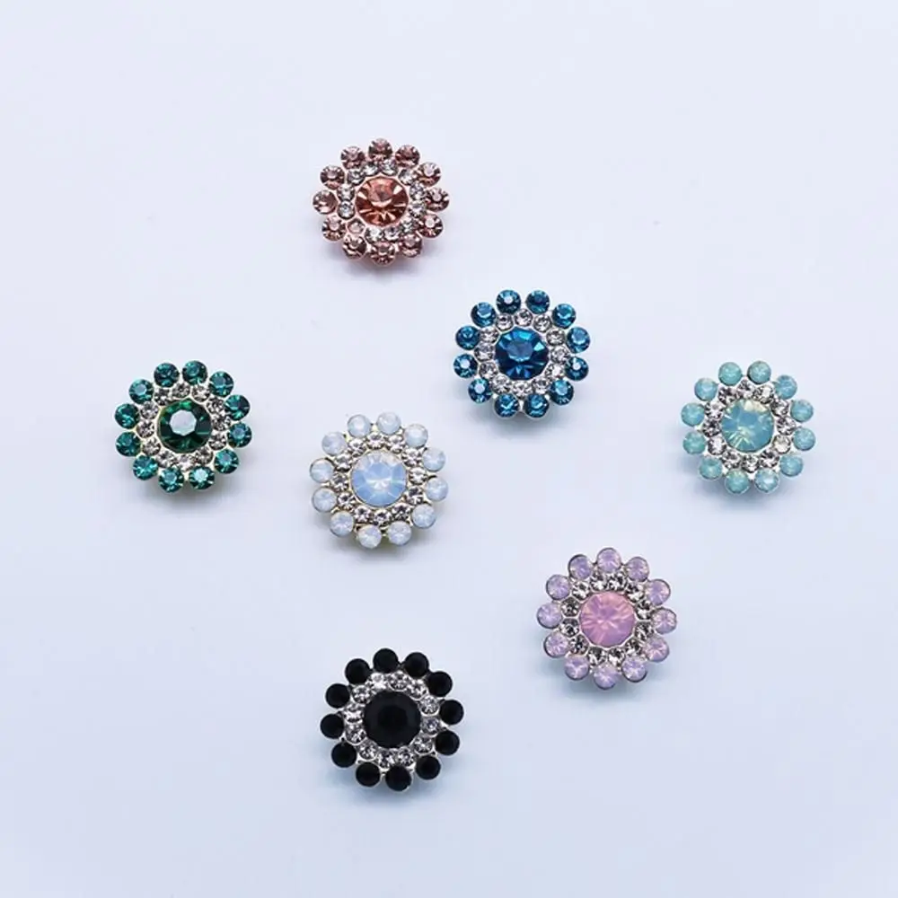 10PCS 14mm Flower-shaped Rhinestone Buttons Sparkling Crystal Glass Stone Steel Bottom Clothes Decoration Sewing Accessories