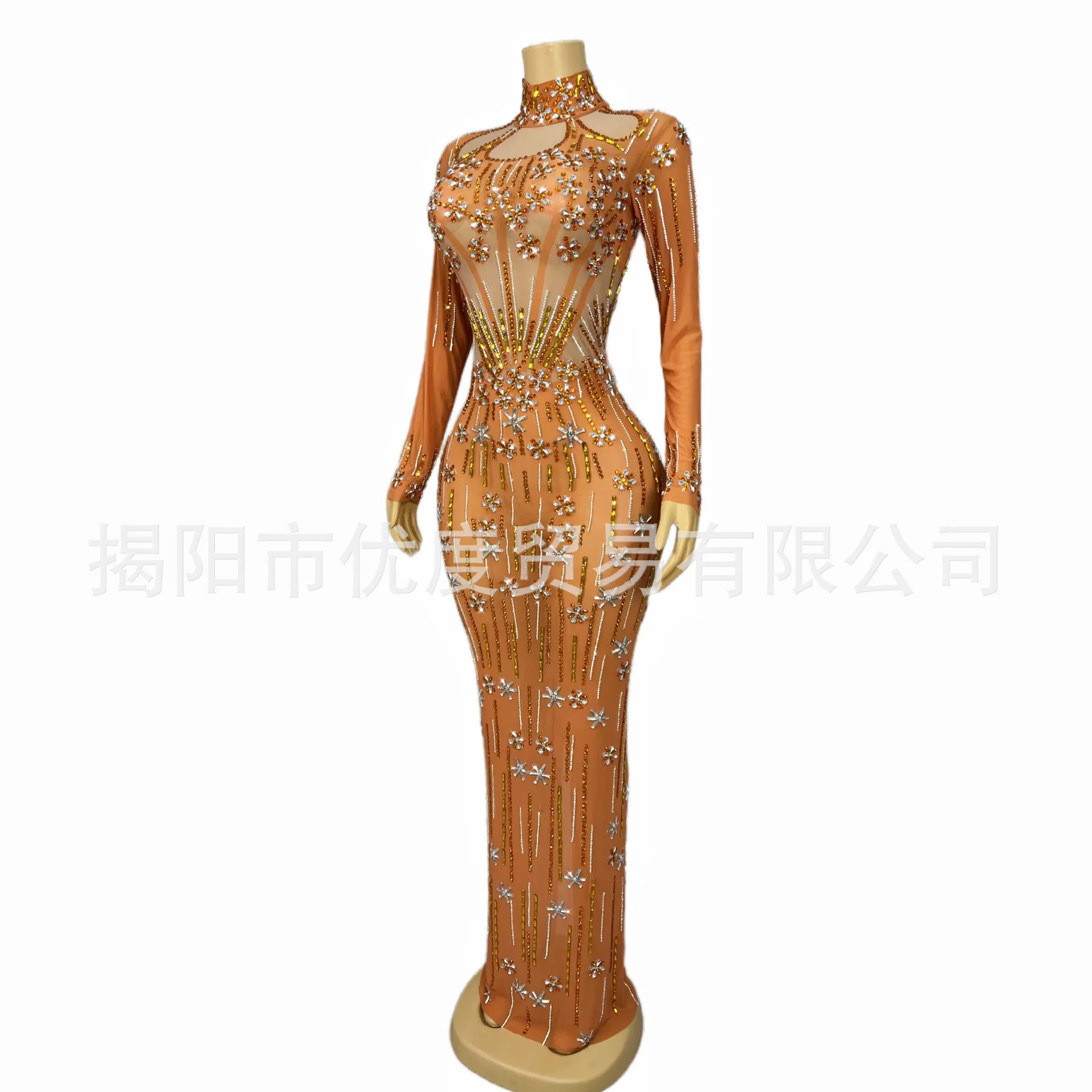 فستان بتصميم نحيف بأكمام طويلة من حجر الراين اللامع وحفلات أعياد الميلاد وحفلات الاستقبال وأداء الليل فستان طويل فساتين سهرة برتقالية