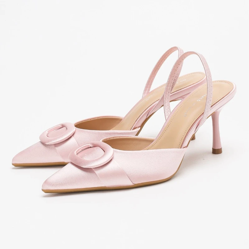 Elegante Satin High Heels Frauen Sexy Spitz Runde Schnalle Design Bankett Pumpen Damen Luxus Party Backless Designer Sandalen