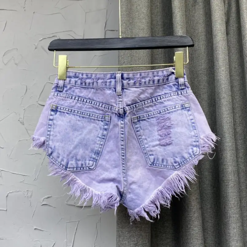 Fashion Single-Breasted Fringed Burr Denim Shorts Women 2022 New Summer Purple High Waist Sexy Shorts Holiday Seaside Beach s10