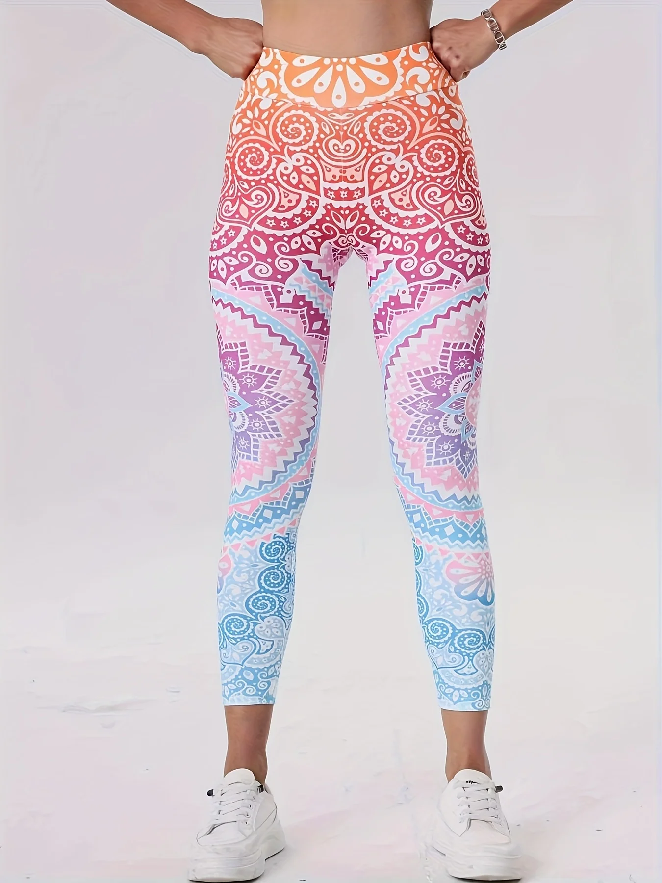 Women Mid‑Rise Fleece Lined Leggings Gradient Mandala Print Slim Stretchy Warm Boho Yoga Pants
