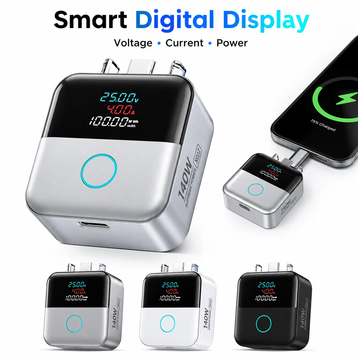 USB C Charging Separator 140W Auto Power Cut Off Adapter Digital Display Current Voltage Monitor for Phones Tablets Laptops