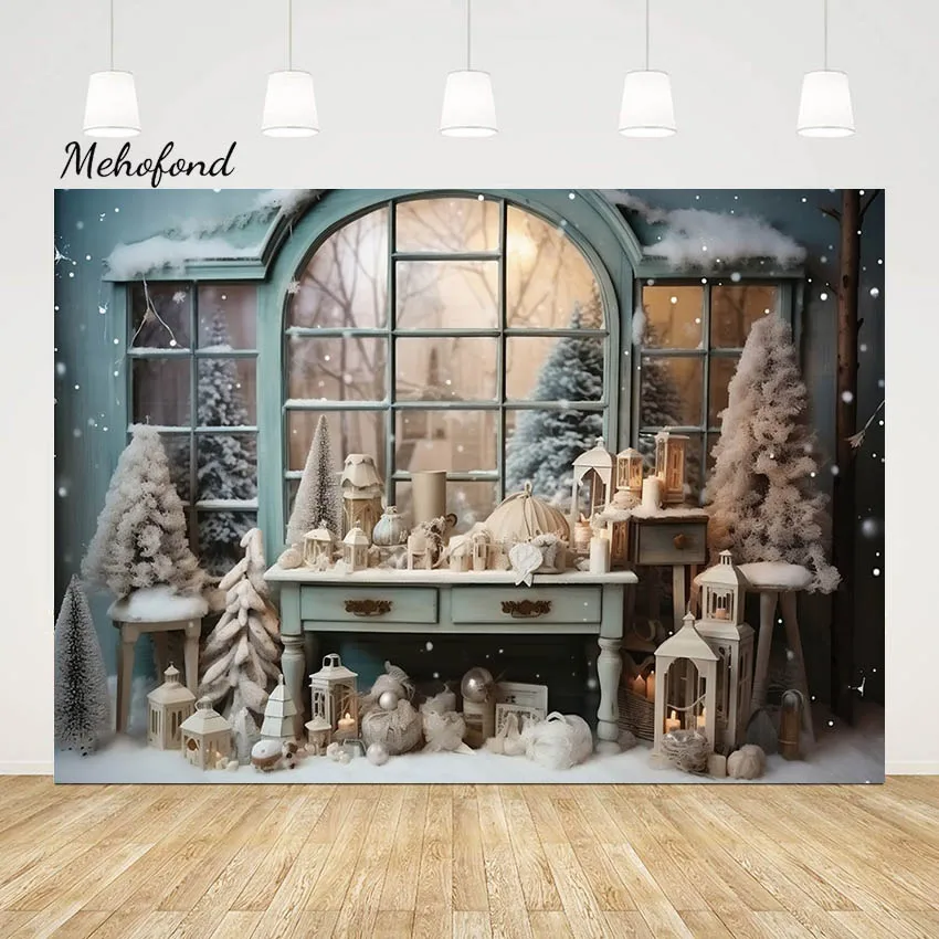 Mehofond Winter Christmas Party Backdrop Xmas Window Family Holiday Party Snow Pine Trees Decor Photography Background Photozone