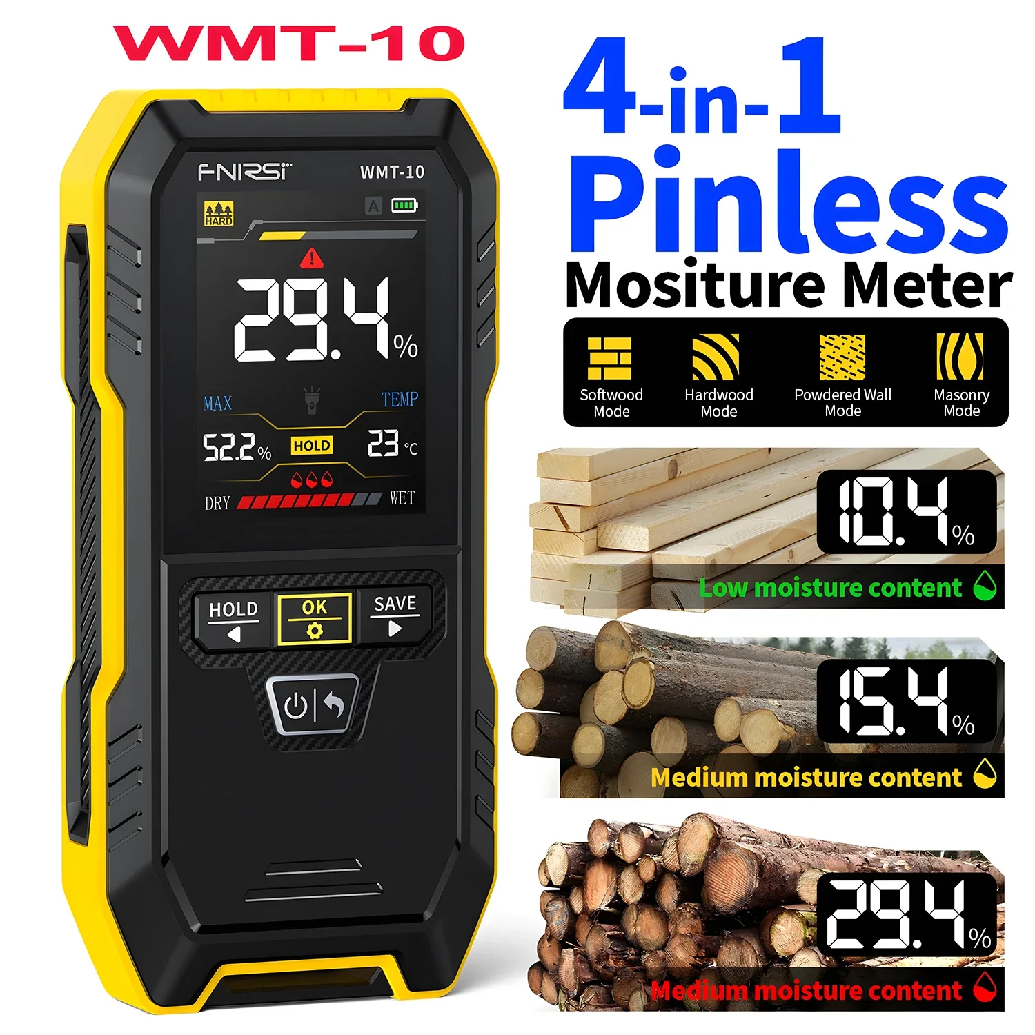 FNIRSI WMT-10 Inductive Wood Moisture Meter Hygrometer Non-contact Timber Damp Wall Detector Non-destructive Humidity Tester