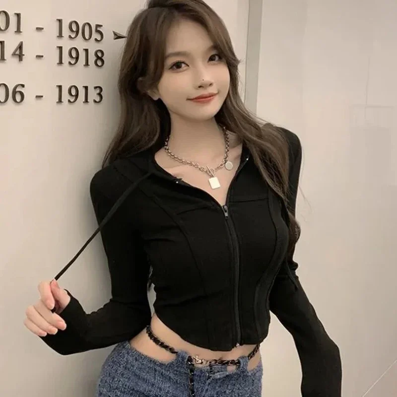 Koreaanse Rits Capuchon Dunne Sweatshirt Damesmode Slanke Sport Cropped Tops Lange Mouwen Tennis Running Sexy Dame Jas