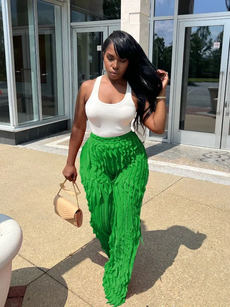 

GUWU Summer Mesh Wave Pattern Ruffles Women Pants Casual Lady Fashion High Waist Wide Leg Pants Slim Streetwear Trousers