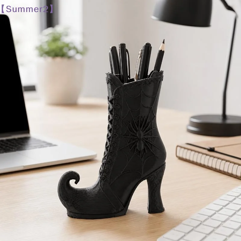 3D Printed Gothic Witch Boot Pen Holder With Spider Web, Desk Organizer Halloween Makeup Brush Storage Gift〔Sum2〕