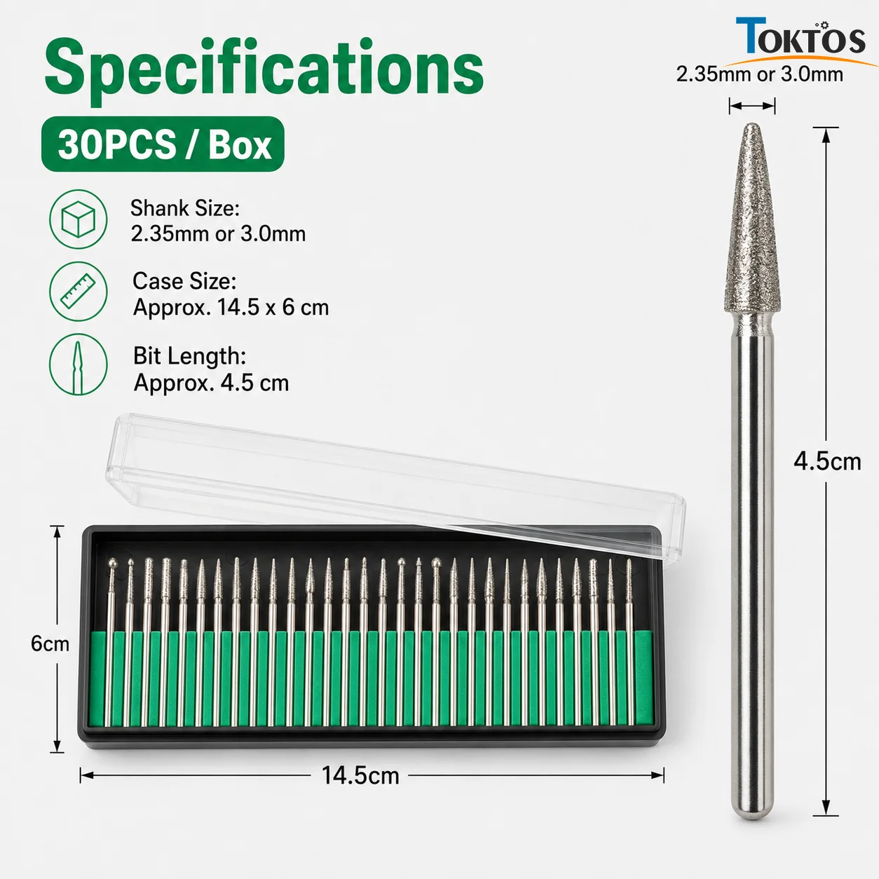 TOKTOS 30PCS Diamond Burr Set 2.35mm 3.0mm Shank Rotary Grinding Bits for Jewelry Engraving Carving Polishing Tool