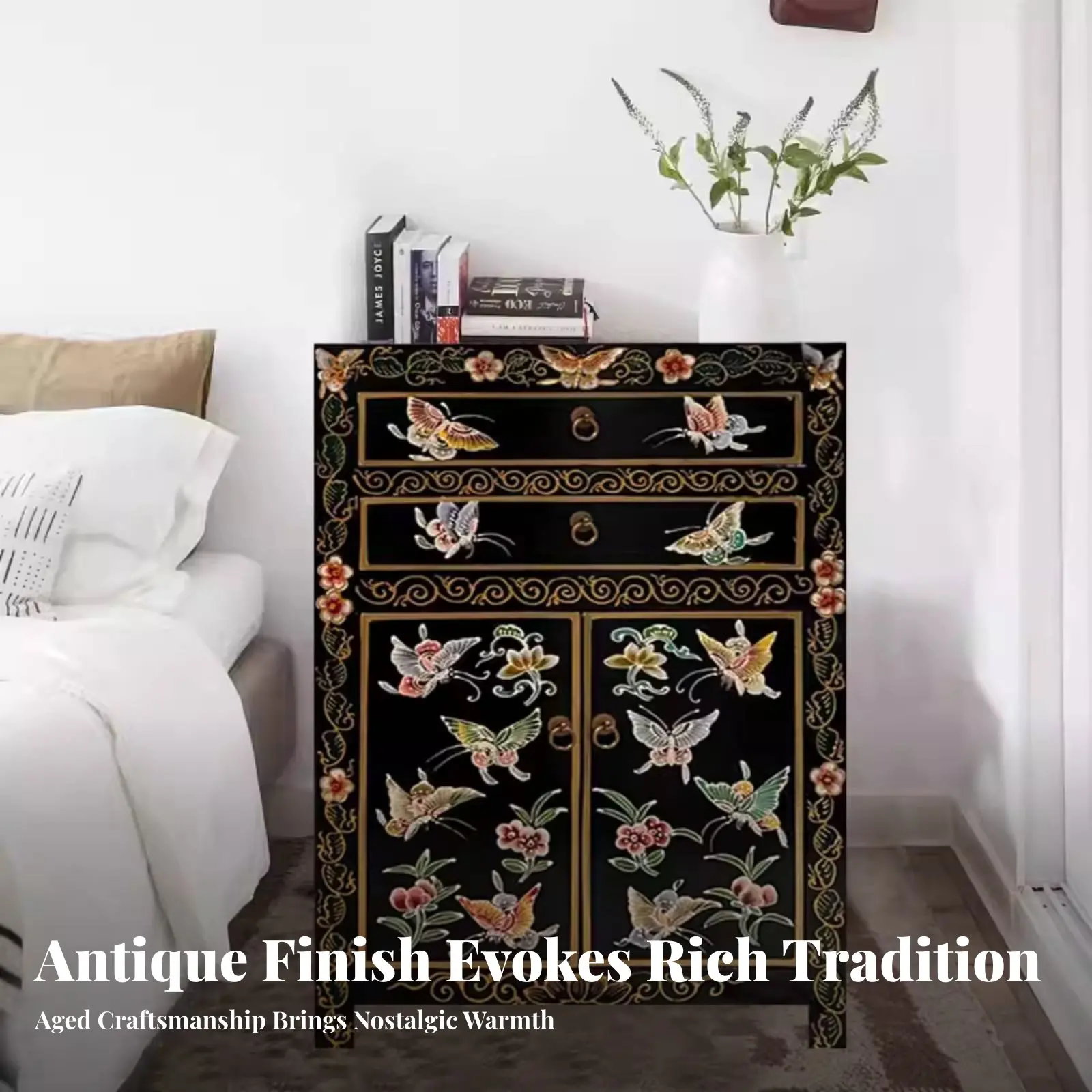 

Tibetan Painted Chest Antique Finish Bedside Cabinet Ornate features sturdy Construction for Homeowners, Bedroom, Entryway