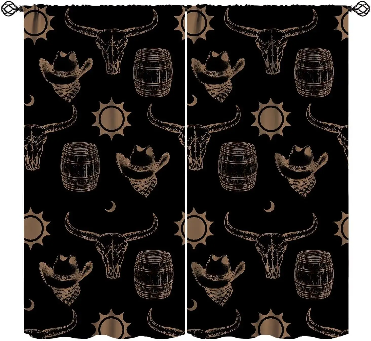 Black Western Cow Skull Hat Barrel Sun Moon Print Curtain Wild West Vintage Drape Country Window Decor Bedroom Home Use