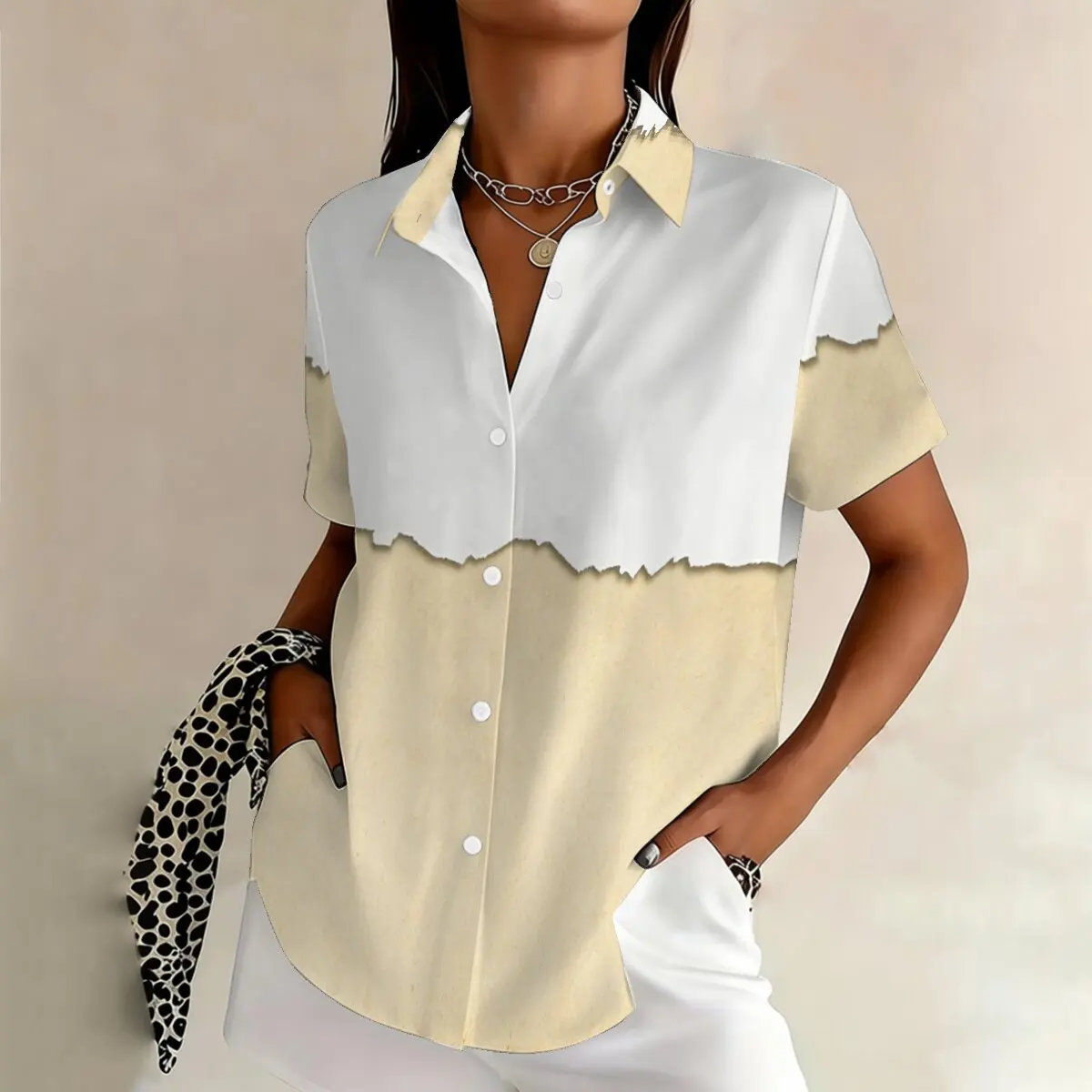 

Летняя женская рубашка больших размеров с короткими рукавами, с белыми вставками, нежная и элегантная, идеально подходит для свиданий и прогулок.