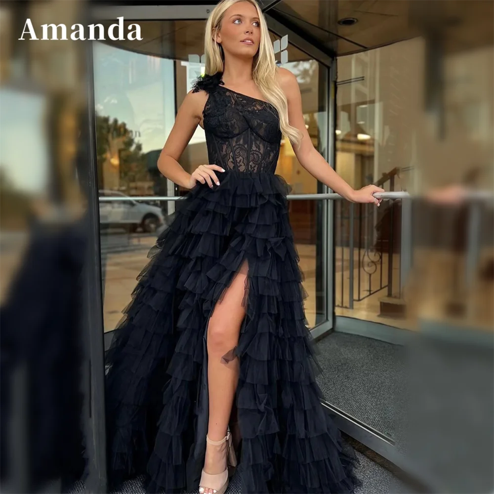 Amanda Black فساتين مناسبة رسمية Sexy One Shoulder Prom Dress 2023 Multilayer Party Dress Sexy Side Split Vestidos De Noche