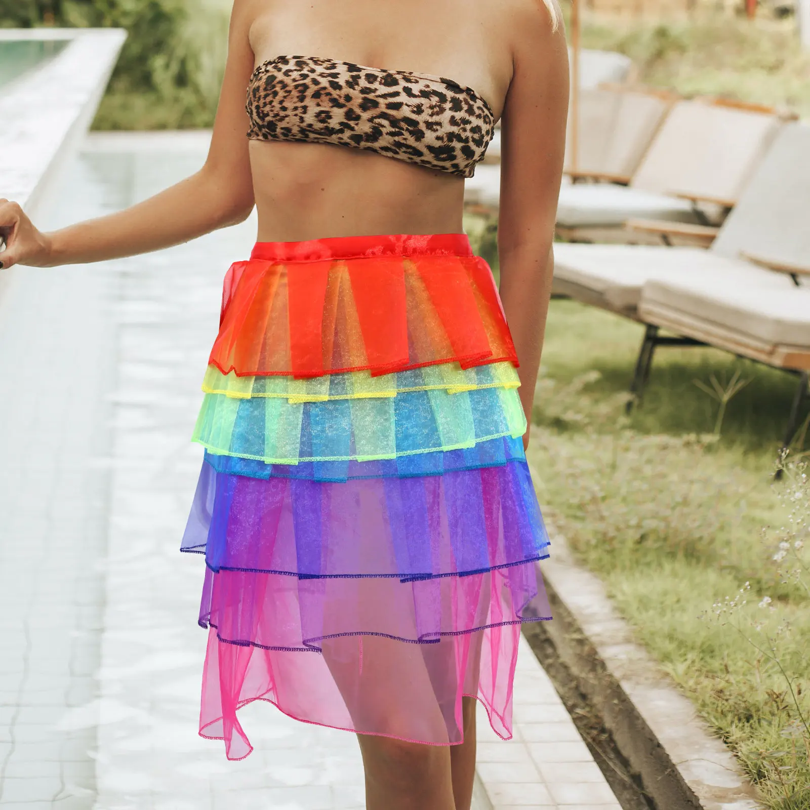 

Rainbow Tutu Dress Cloth Free Size Edgy Tulle Sheer Waist Costume Party Banquet Cosplay Performance Stage
