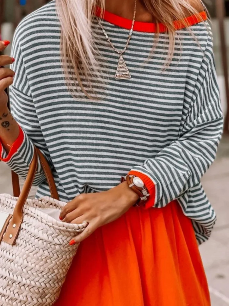 Autumn Long Sleeves Off Shoulder Tops Sweaters Winter Batwing Sleeve Loose Sweater Women Striped Design Knitted Sweater Pullover