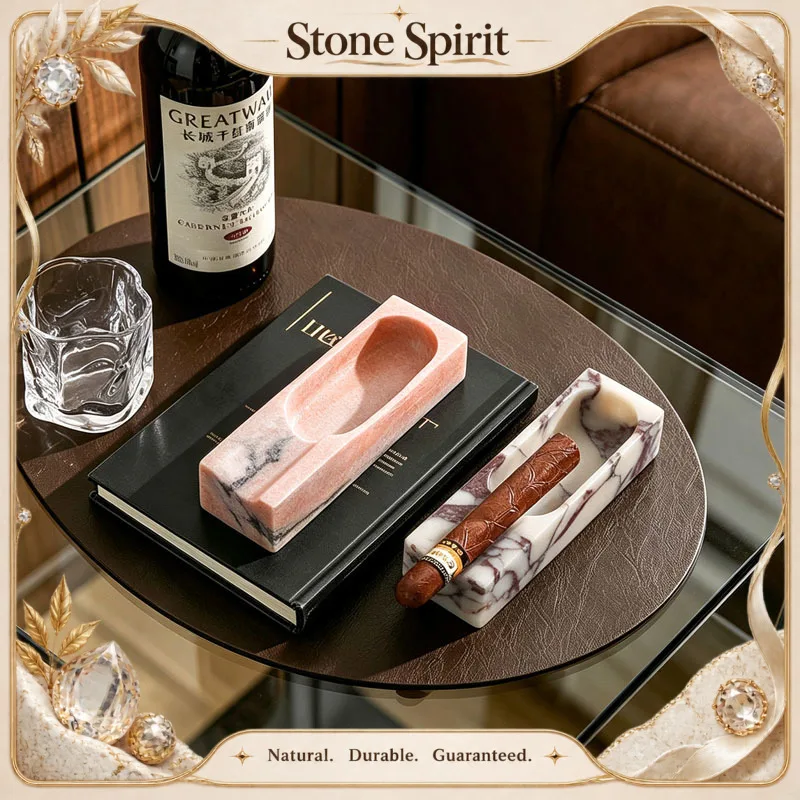 【Natural】Natural Marble Cigar Ashtray Single Slot Rectangle Stone Cigar Holder Ash Tray Luxury Desktop Home Bar Decor Man Gift