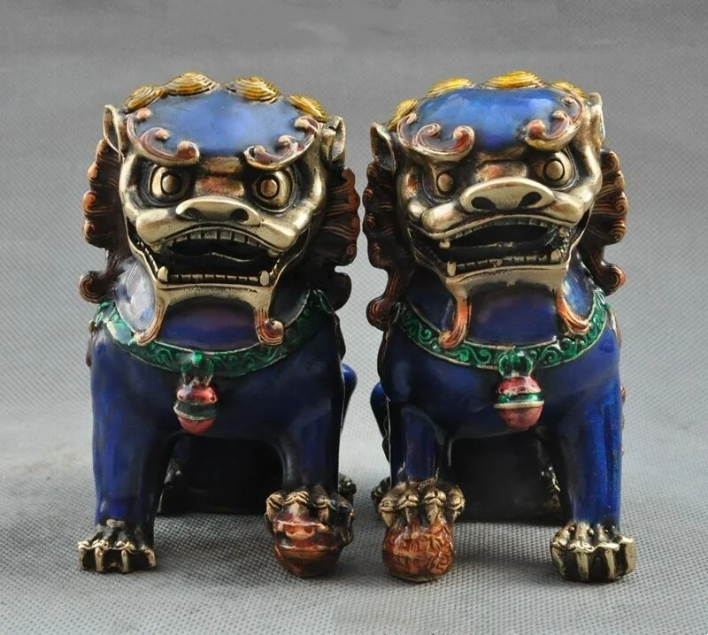 زوج قديم فنغشوي البرونزية مصوغة بطريقة الحرس فو فو الكلب الأسد الوحش تمثال #2