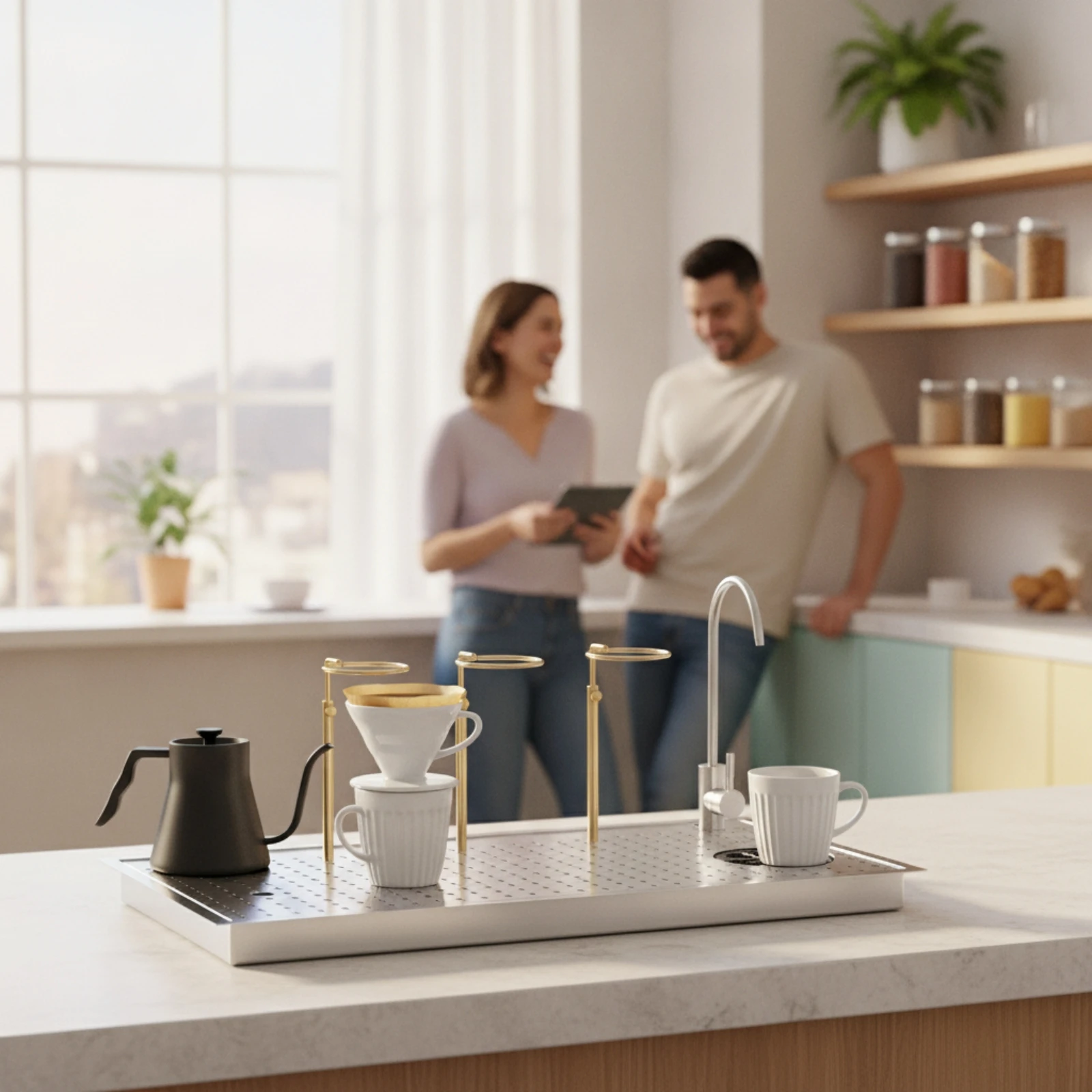 Coffee Rinsing Work Surface Stainless Steel Cup Washer with Faucet Sink Countertop for Baristas, Home Brewing Corners
