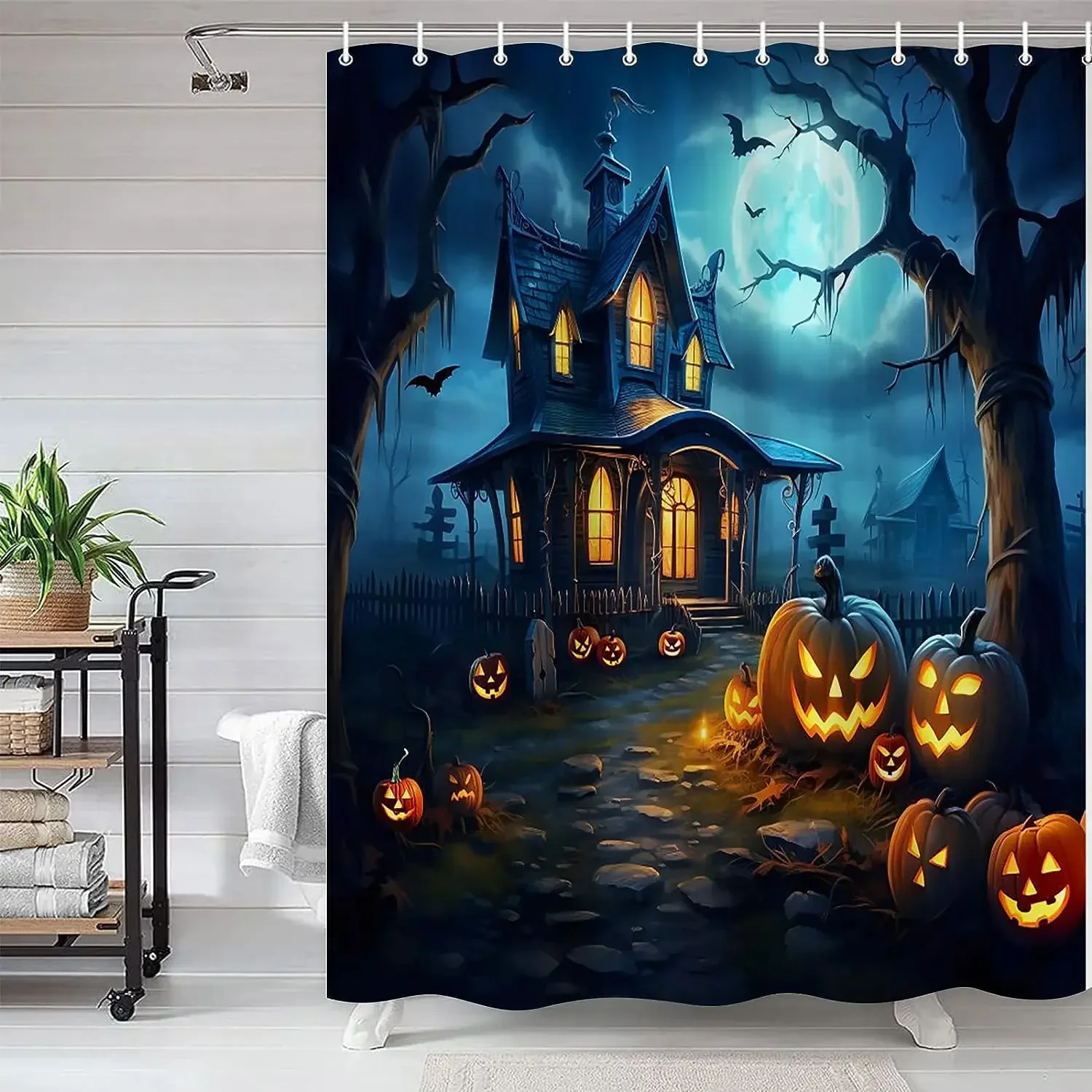 Horror Halloween Shower Curtains Forest Castle Pumpkin Dead Tree Bat Moon Night Scenery Fabric Bathroom Curtain Decor with Hooks