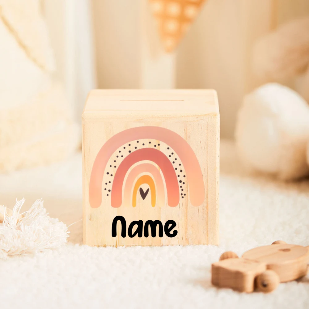 Custom Baby Rainbow Money Box Wooden Name Piggy Bank for Girls and Boys Children Money Box with Arinbow Style Baptism Gifts