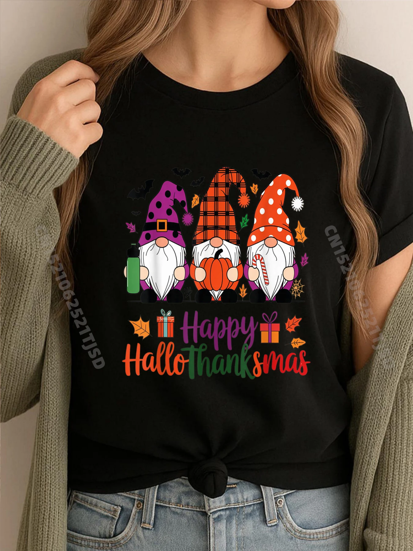 

Happy Hallothanksmas Gnomes Lover Хэллоуин С Рождеством женские футболки с рисунком новые топы и футболки в подарок
