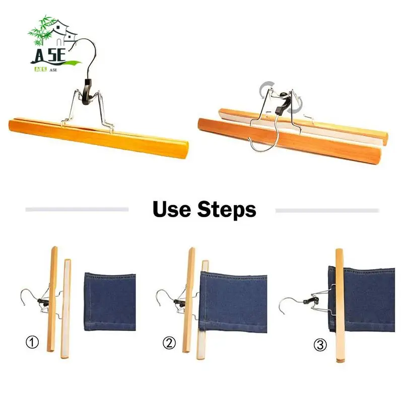 

A05E-8 Piece Wooden Series Slack Hangers Non-Slip Wood Pants Hangers With 360 Degree Rotation Anti-Rust Hook Clip Hangers For Pa