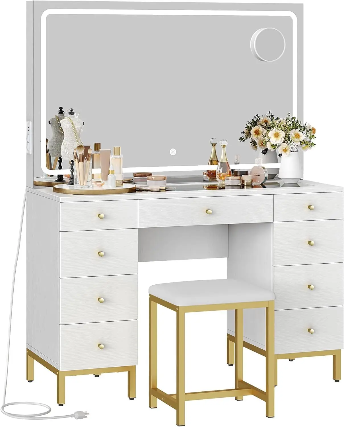 

Large White Makeup Vanity Desk Set , Glass Top Vanity with 9 Drawers and Adjustable 3 Color Lighting Modes