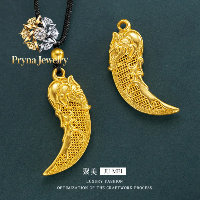 Pryna Jewelry - Collar de cuerda negra con colgante de diente de lobo hueco de oro puro 24K 9999 de lujo para hombre y mujer