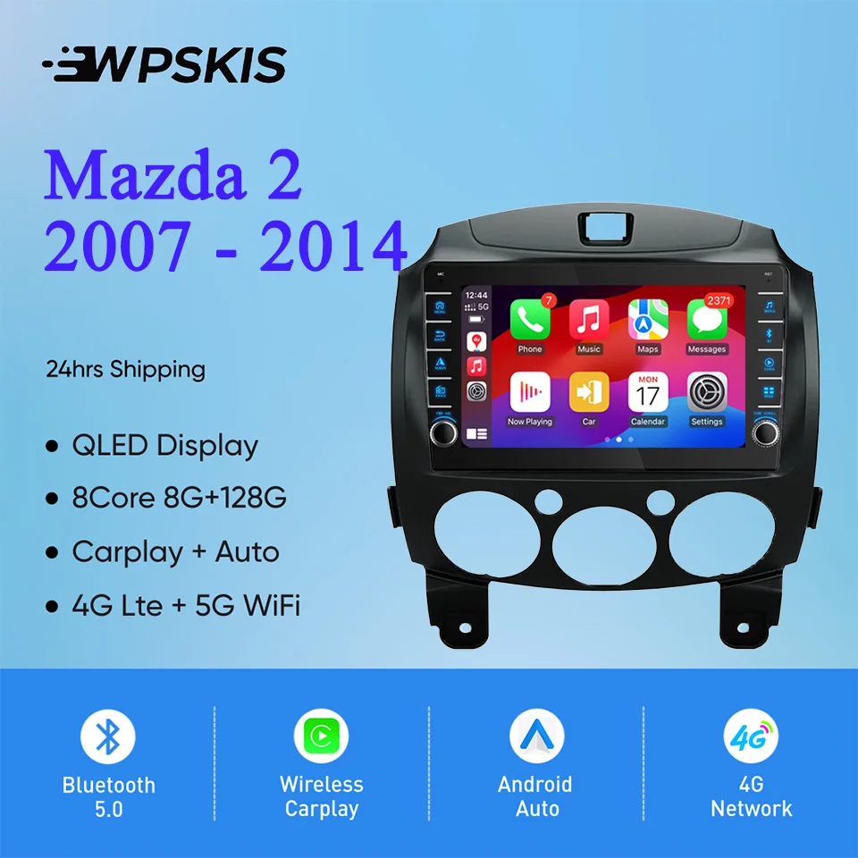 For Mazda 2 2007 - 2014 Android 14 8G Ram 128GB Car Radio AM FM Audio Video Multimedia DVD Cassette GPS Navigation Head Unit RDS