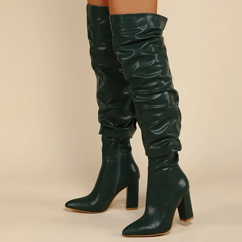 Autumn Winter 2024 New Fashion Over-The-Knee Women Boots Genuine Leather Pleated Sexy Thigh High Tall Heel Shoes Woman Size 42