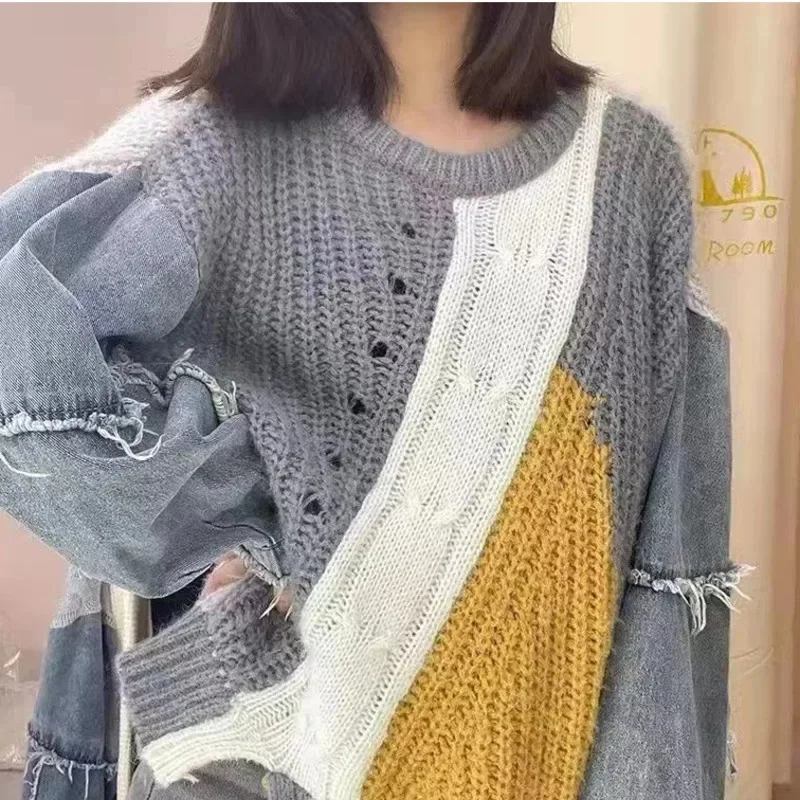 Autumn And Winter Denim Patchwork Sweater Women's Casual Pure Cotton Knitted Color Blocked Pullover Fashionable Loose Warm Top