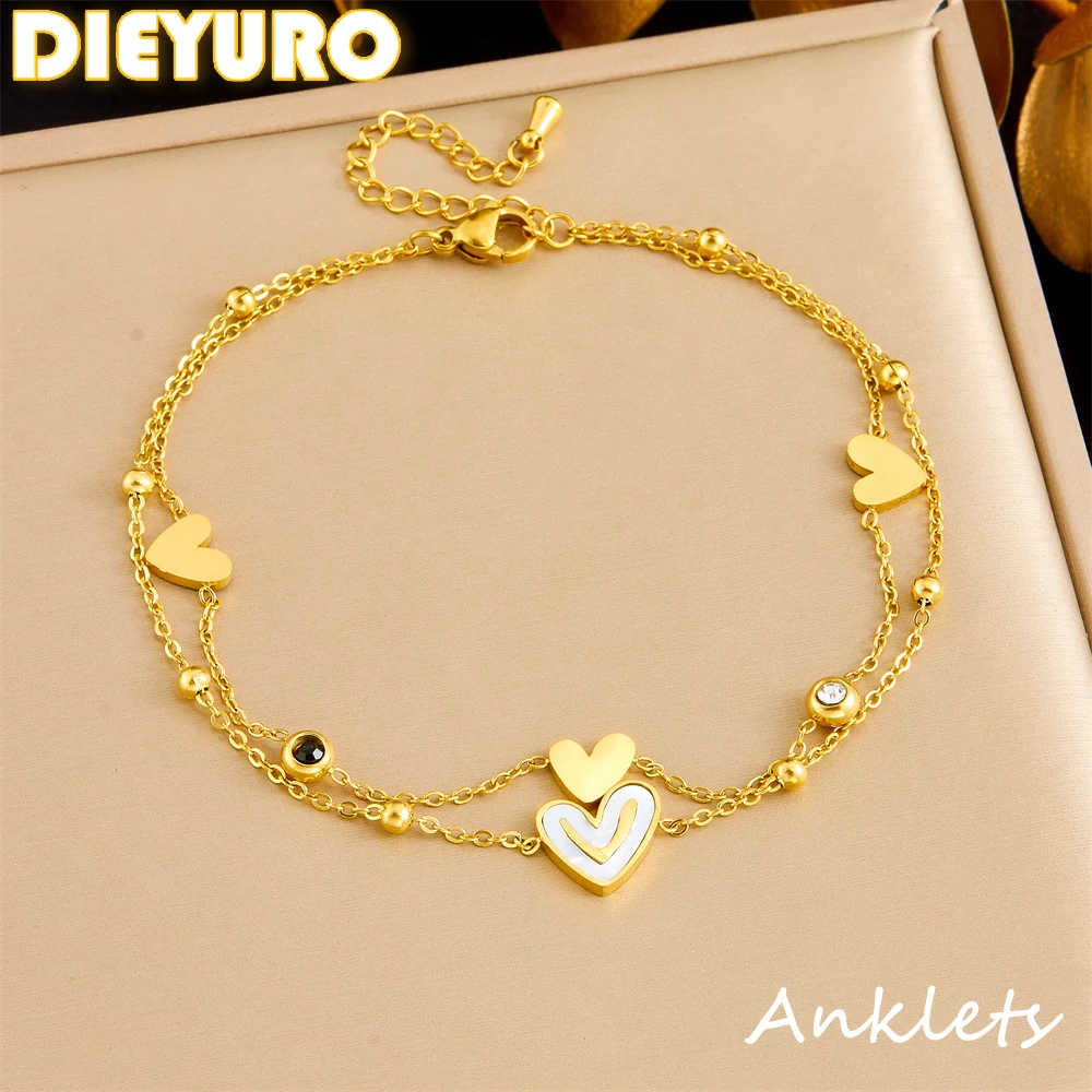 DIEYURO 316L Stainless Steel Heart Zircon Double-layer Anklets For Women New Trend Foot Chains Anti-Rust Jewelry Holiday Gift