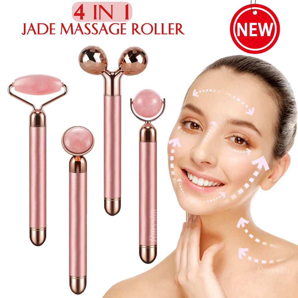 

New Electric Vibrating Jade Roller Massager For Slimming Face Lifting Rose Quartz 3D Roller Stone Facial Skin Care Beauty Tool