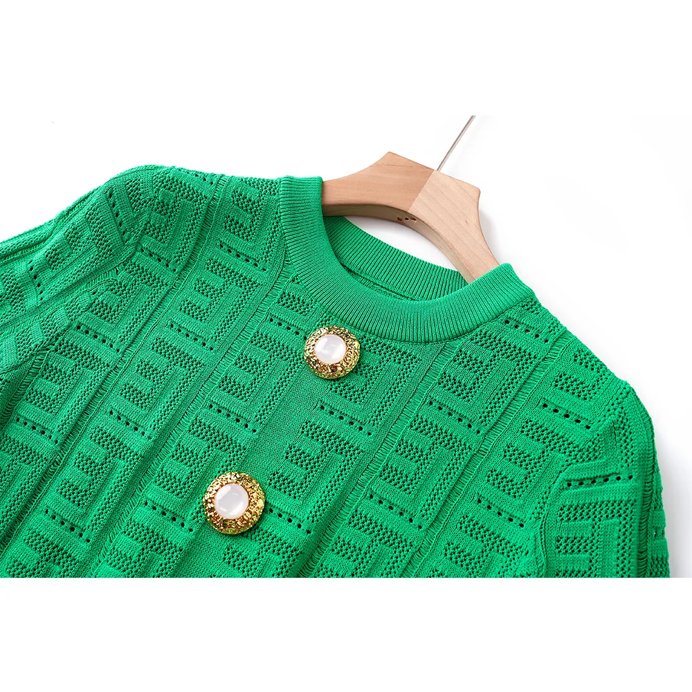 Early Fall Newest Design Customized Big Buttons Geometrical Pattern Hole Casual Green Knitting Thin Sweater Quality Tops