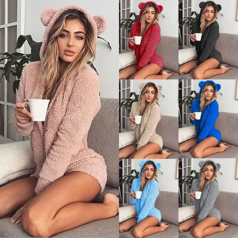 2025 New Winter Warm Bear Hooded Fluffy Jumpsuits Fleece Pyjama Flannel Onesie Adults Animal Pajamas Shorts Set Sleepwear Women