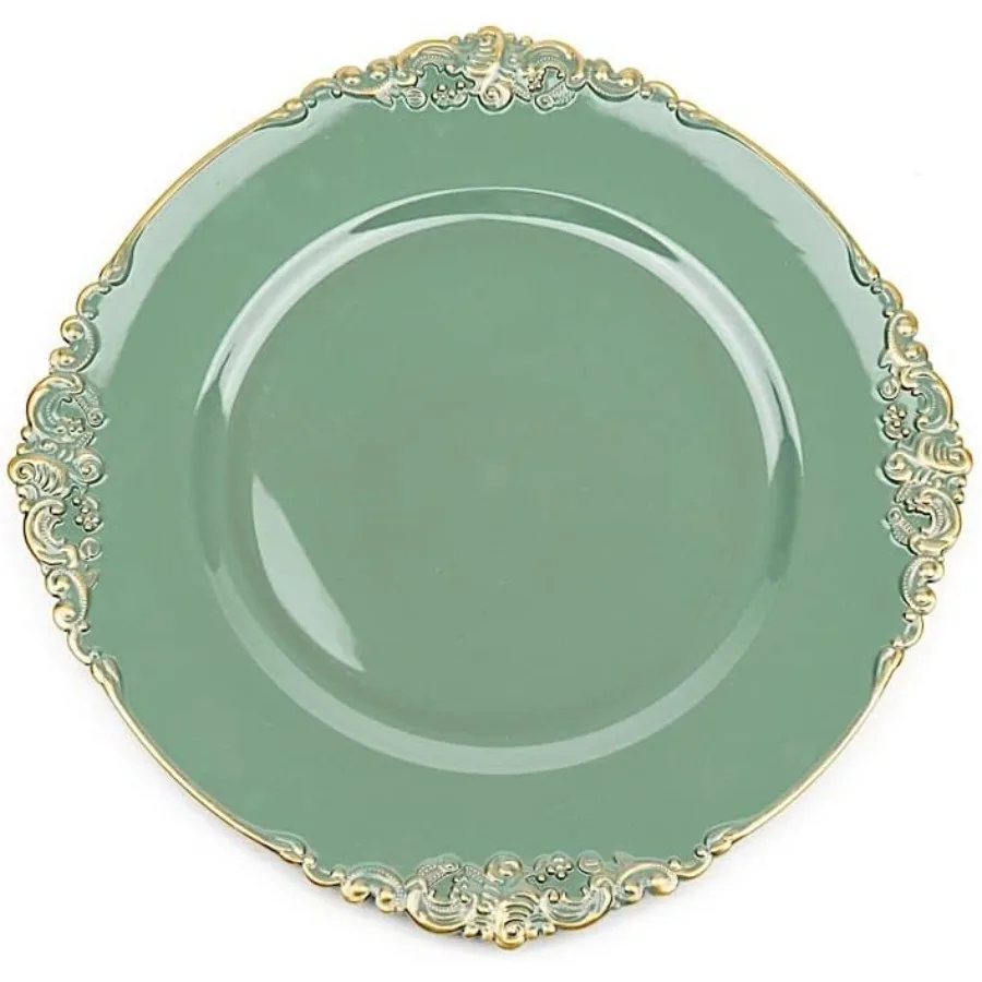 

24 шт. 13-дюймовые оливково-зеленые круглые зарядные тарелки с декоративной тисненой оправой, украшения для ужина, свадебного приема