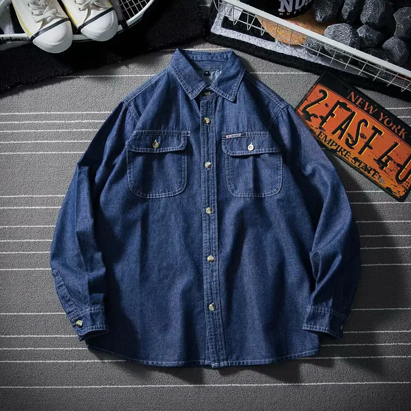 Couples Retro Japanese Style Loose Fit Long Sleeve Denim Shirt Men's Oversize Jacket Versatile plus Size 4XL Shirt