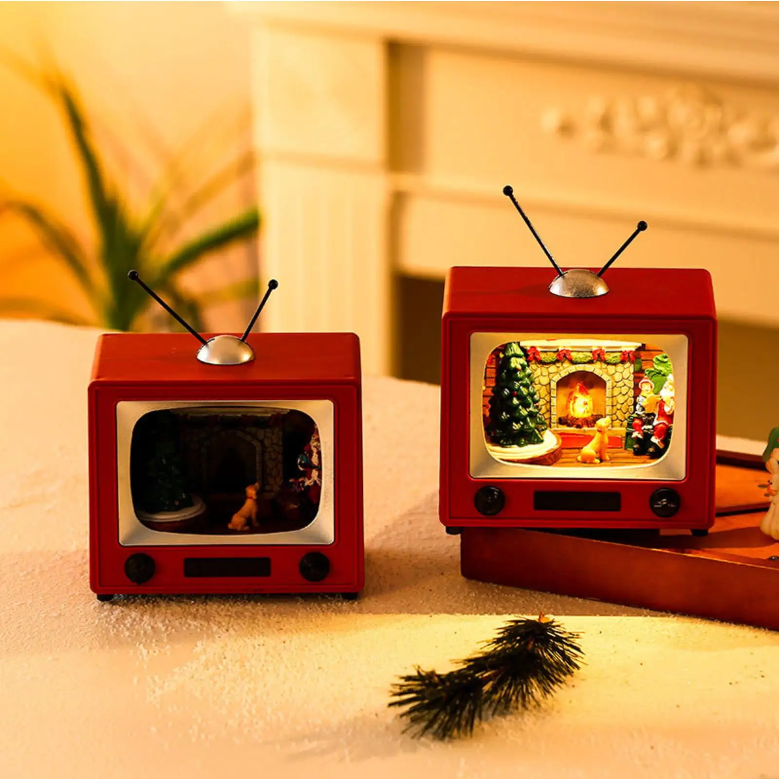 TV Shaped Christmas Desktop Ornament Retro Design Music Box with Santa Claus for Home Living Room Tabletop Decoration