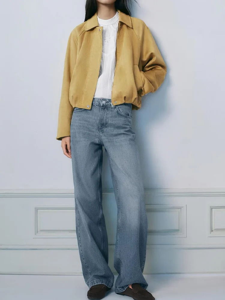 

European and American style autumn new fashion trend simple women's clothing all-match imitation suede effect pilot jacket coat