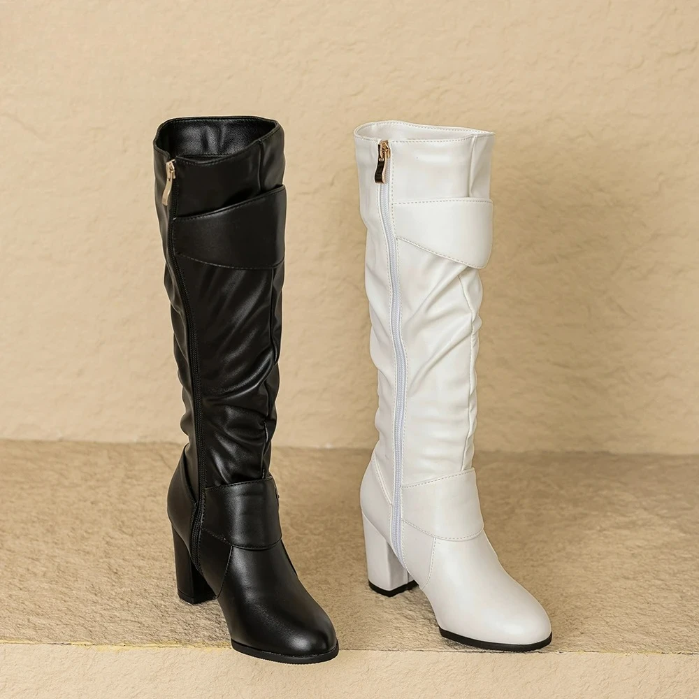 Nuevo Invierno dulce negro blanco mujeres hasta la rodilla botas Sexy tacones altos cuadrados señora zapatos de montar más tamaño pequeño grande