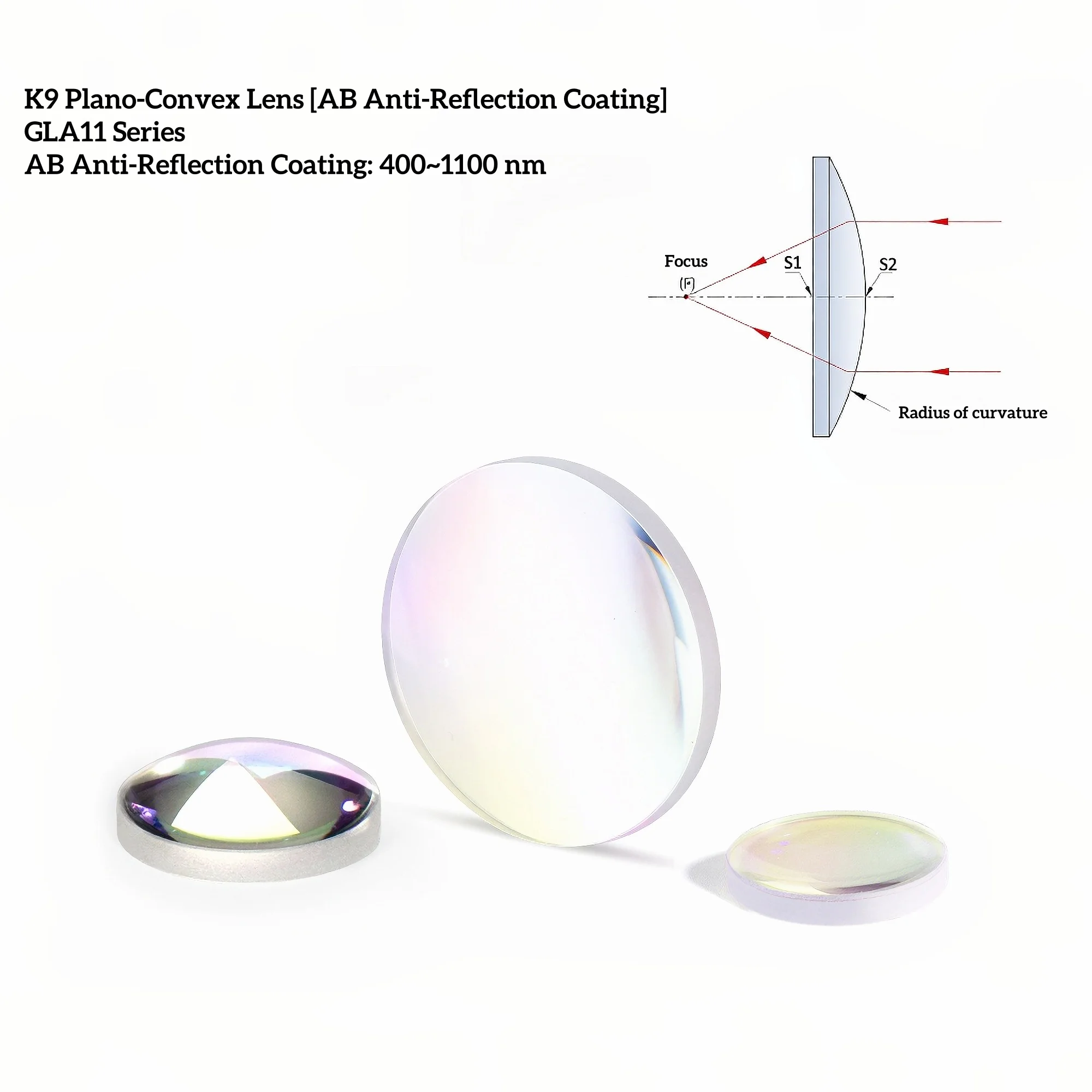 K9 Plano-Convex Lens Anti-Reflection Coating 400-1100nm Diameter 12.7mm 25.4mm Optical Glass Lens for Laser Optics Experiment