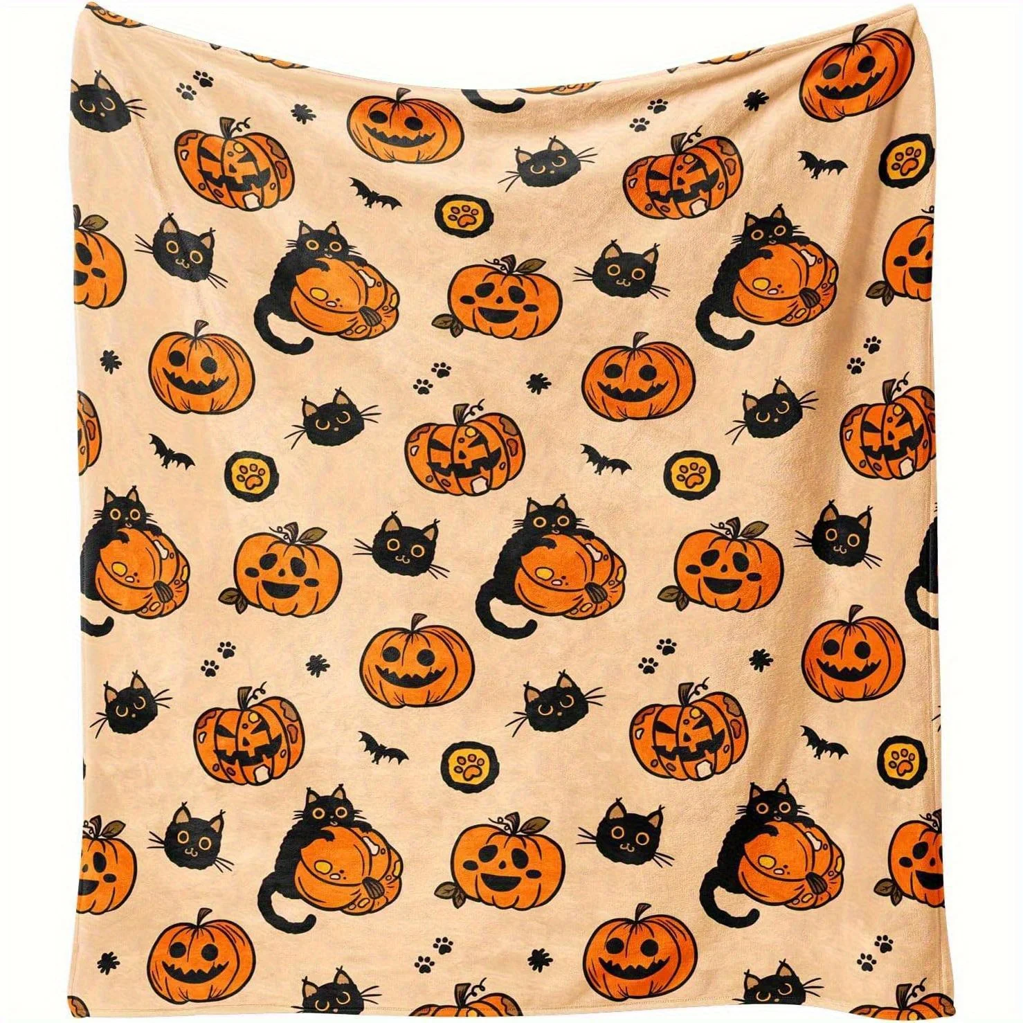Halloween Black Cat Pumpkin Flannel Blanket, Soft Washable All Season Throw for Sofa Bedroom Travel Holiday Decor